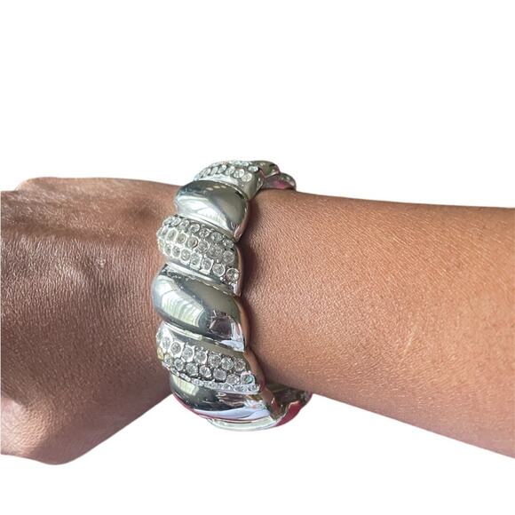 Vintage Silver Clamp Bracelet Wave Design with White Stones - Picture 1 of 3